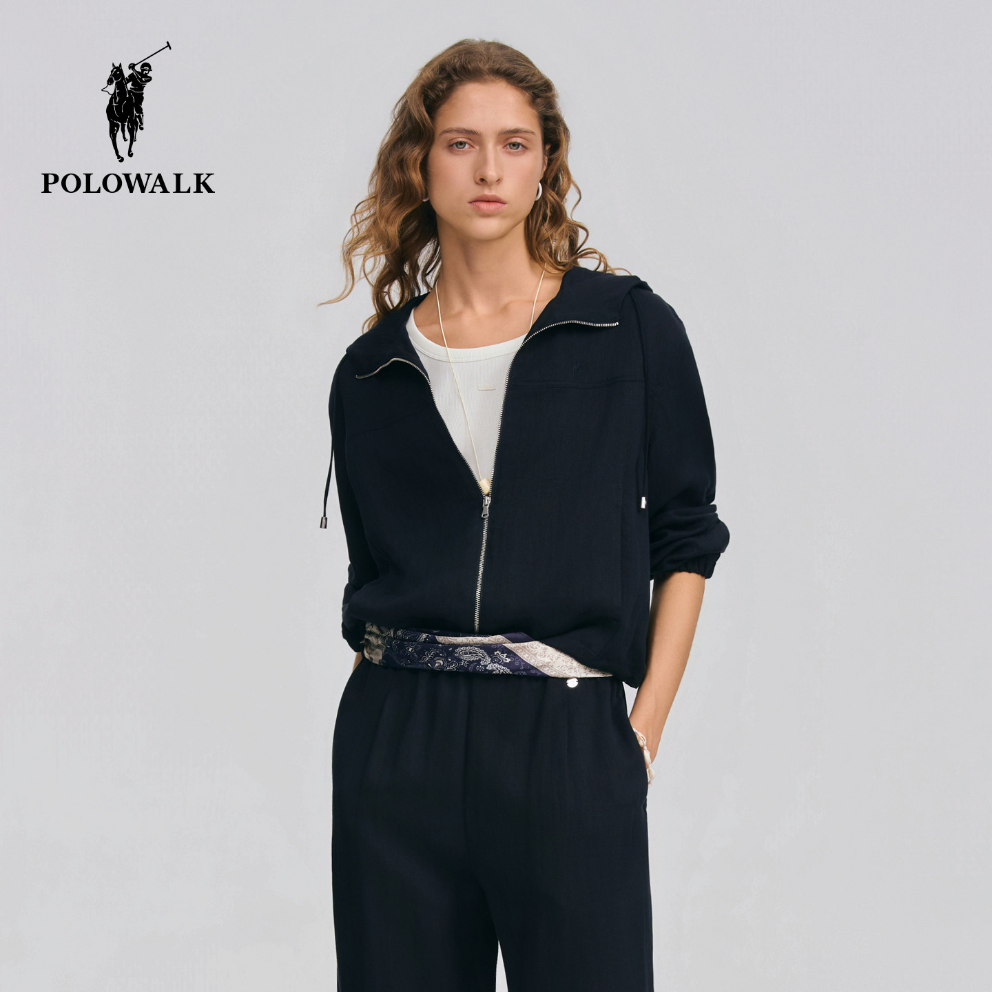 【套装】POLOWALK女式外套2026春季新品连帽拉链外套休闲直筒长裤