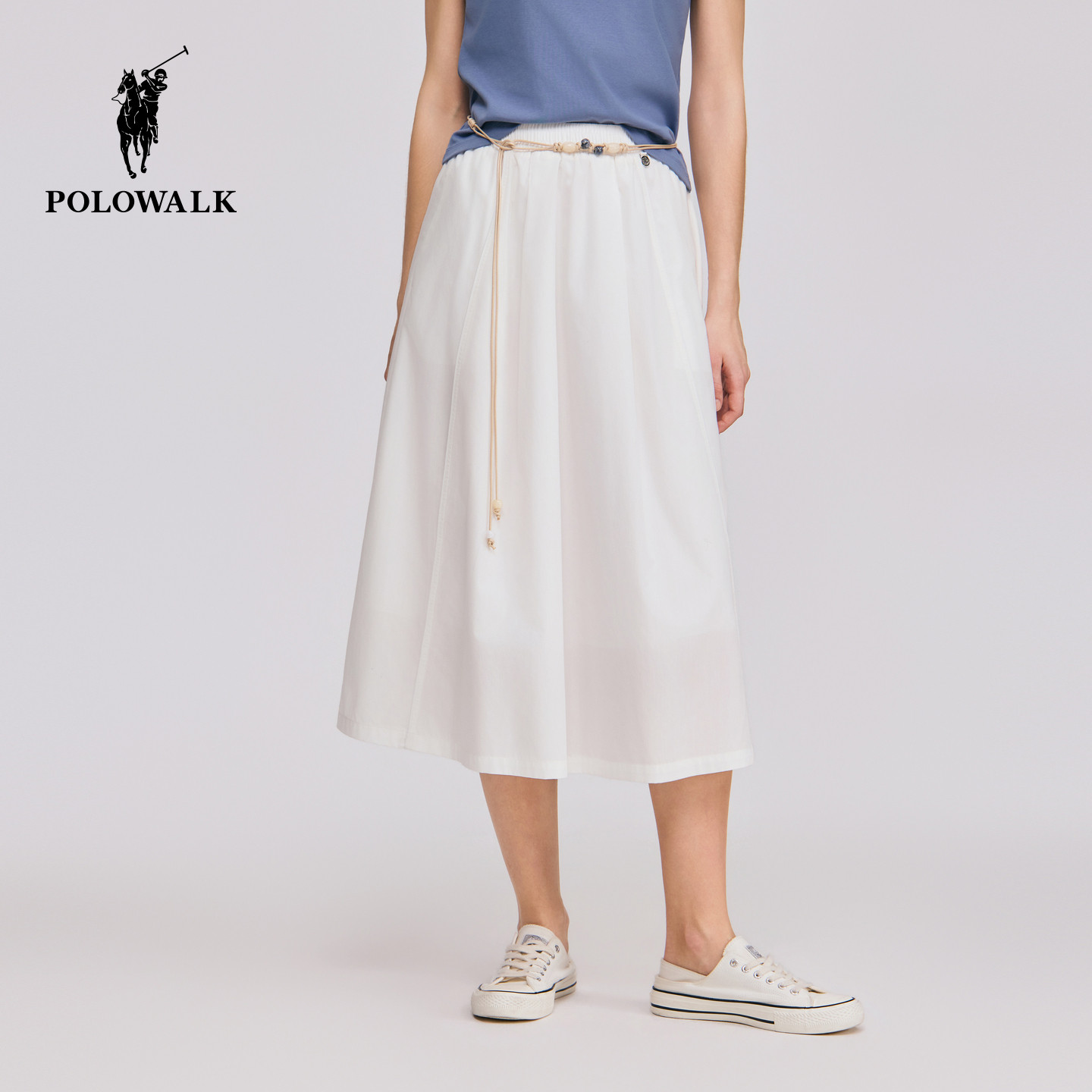 POLOWALK女式半身裙2026春季新品简约纯色松紧腰A字白色半身裙