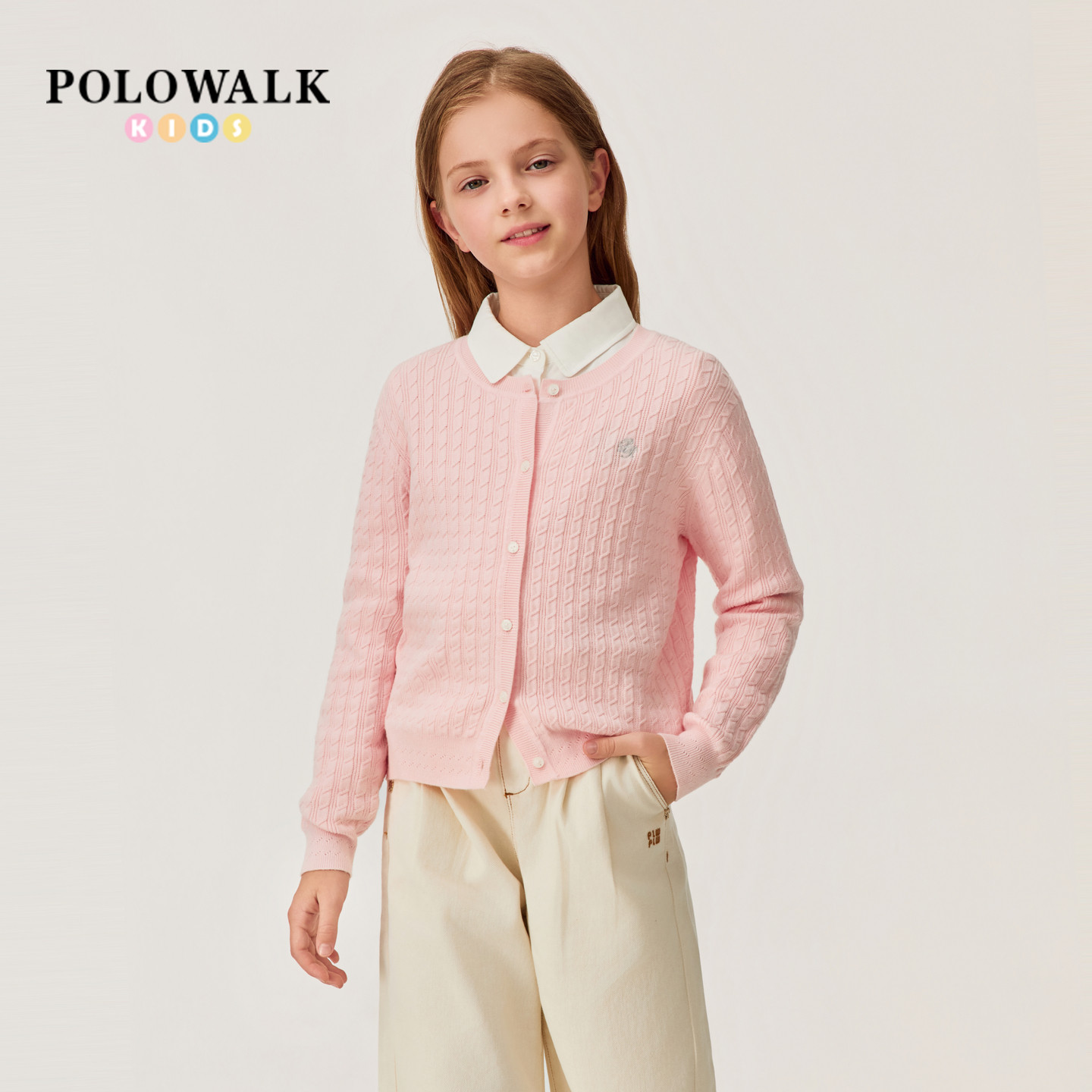 POLOWALK童装女童针织衫2026春季新品甜美风圆领绞花亲肤针织开衫