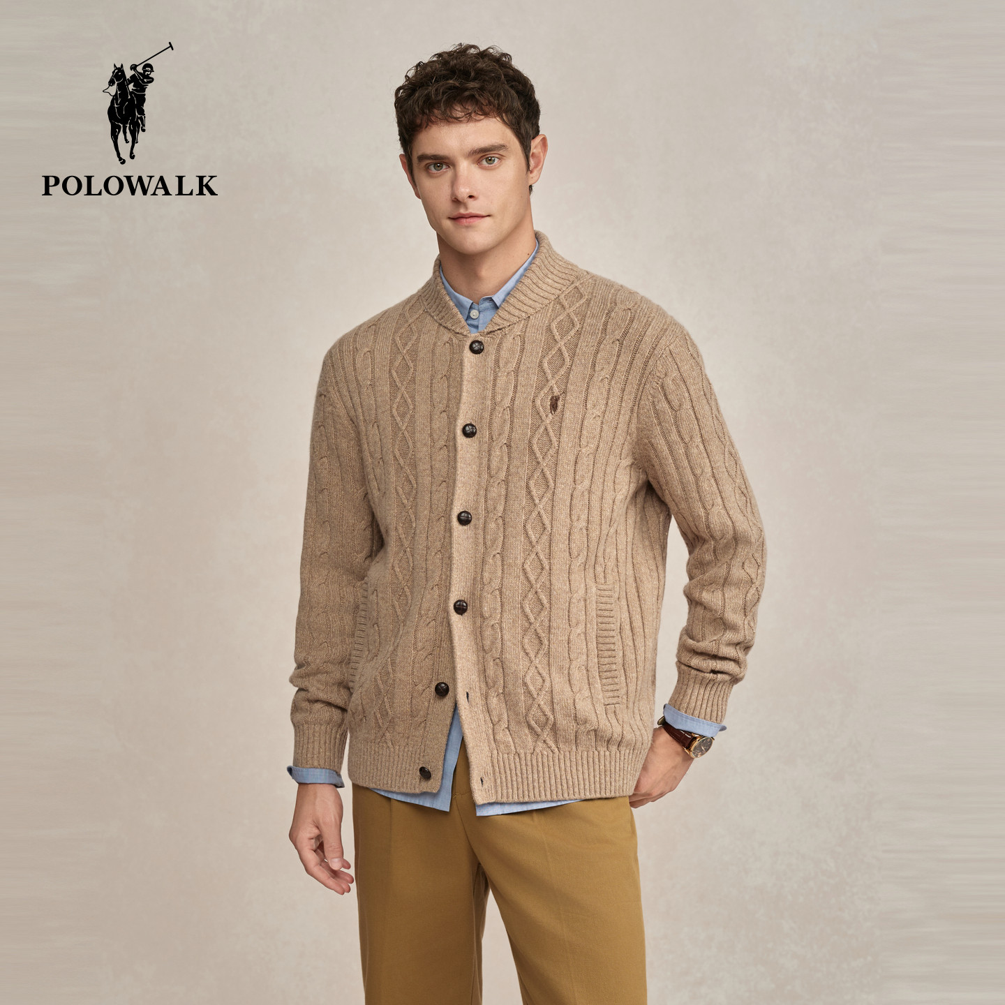 POLOWALK男式针织衫2025冬季新品巴恩风时尚绞花翻领针织开衫男