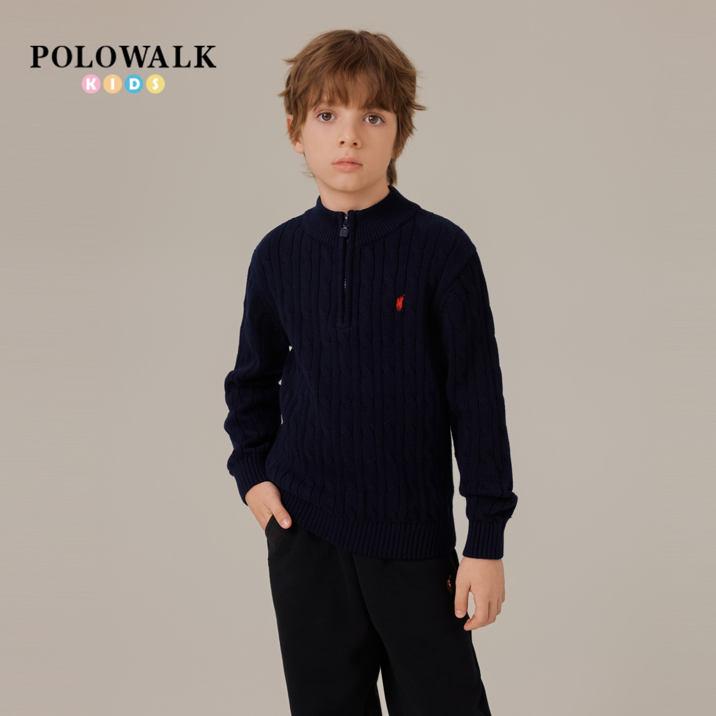 [100%棉]POLOWALK童装男童圆领针织衫春季新款女童经典绞花毛衣