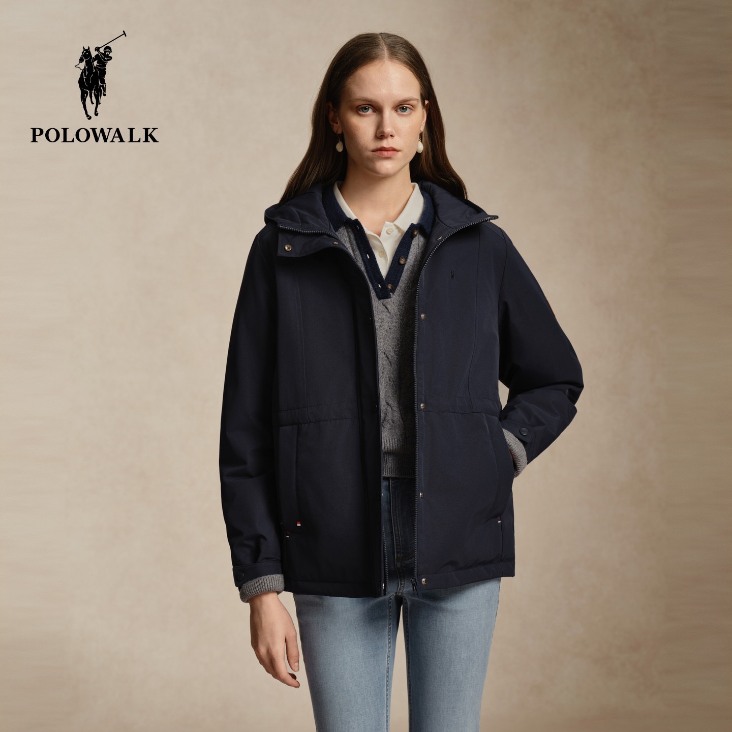 POLOWALK女式外套2026冬季新品立领连帽棉服纯色简约风拉链外套