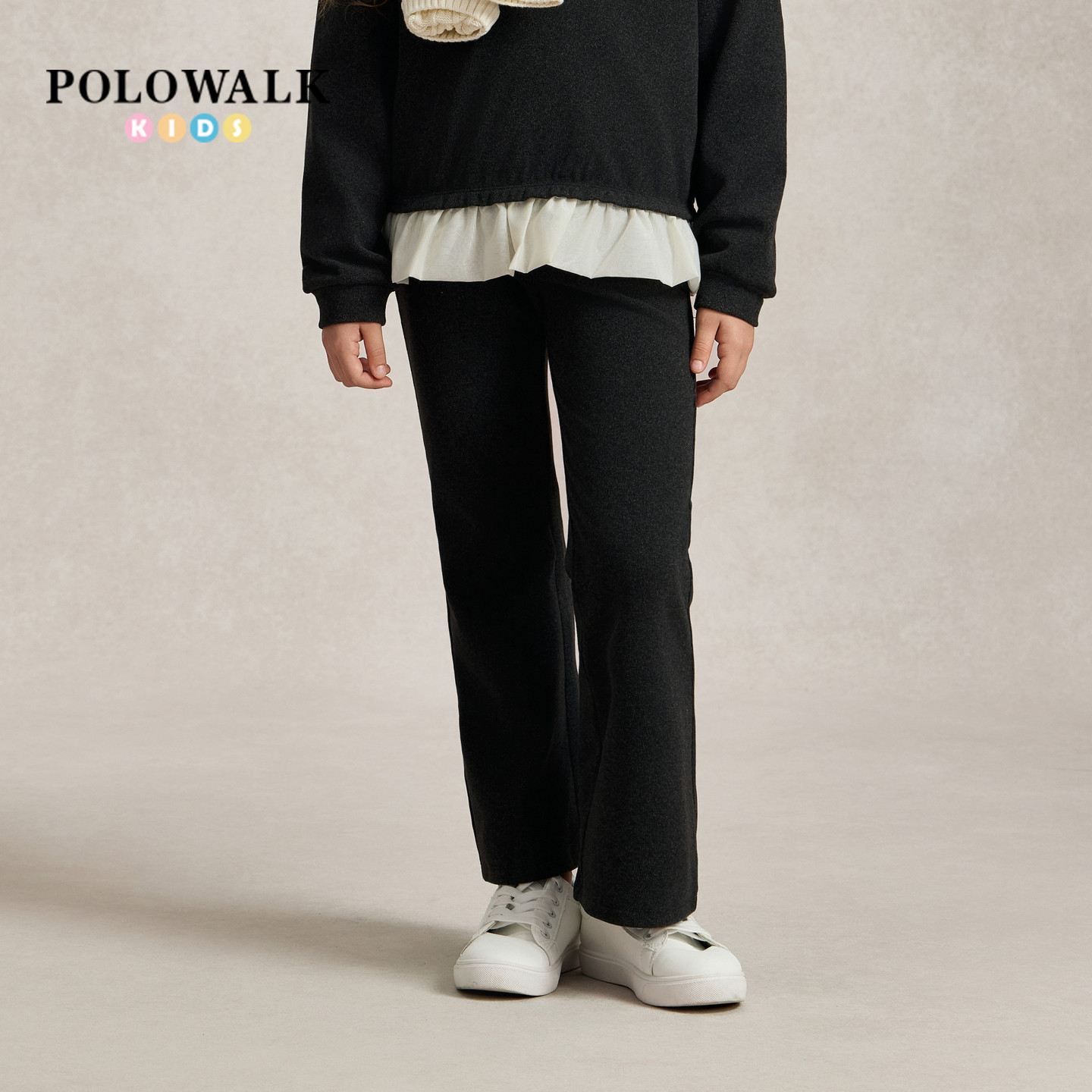 POLOWALK女童卫裤2026秋季新品丝绒蝴蝶结织带时尚喇叭裤长裤