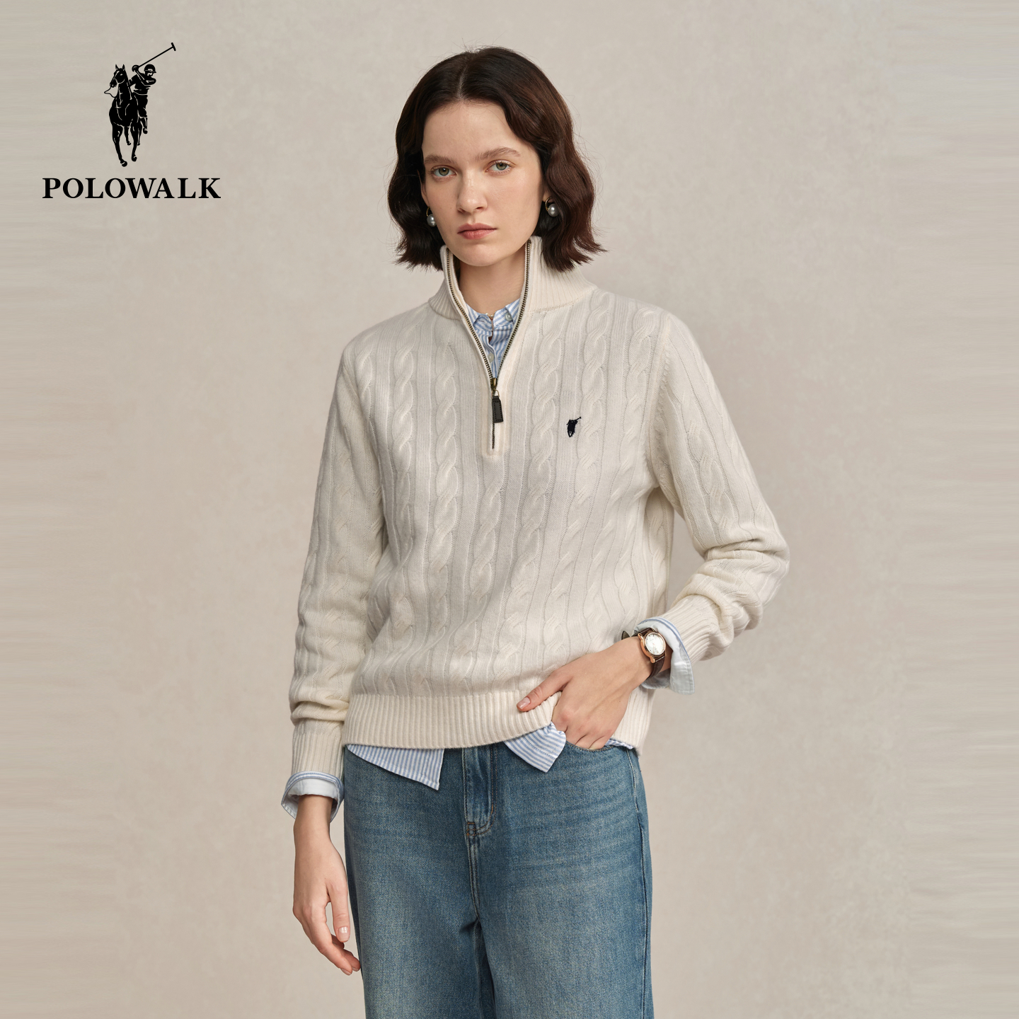 【100%绵羊毛】POLOWALK女式羊毛衫2025冬季新品半拉链绞花羊毛衫
