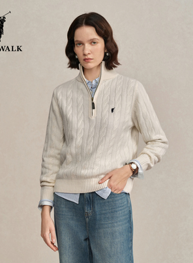 【100%绵羊毛】POLOWALK女式羊毛衫2025冬季新品半拉链绞花羊毛衫