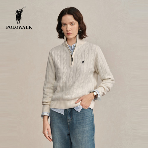 【100%绵羊毛】POLOWALK女式羊毛衫2025冬季新品半拉链绞花羊毛衫