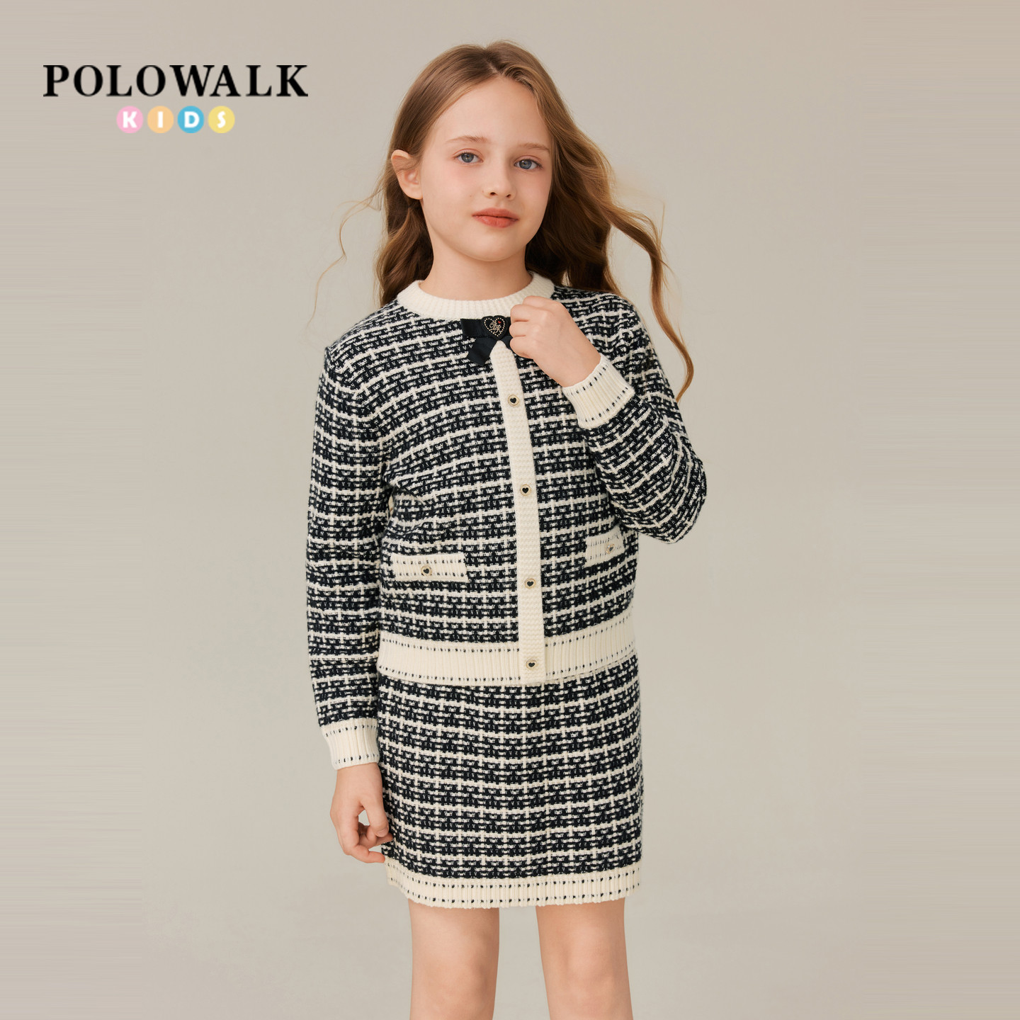 POLOWALK童装女童针织长袖套装2026秋季新品千金风刺绣女童小香风