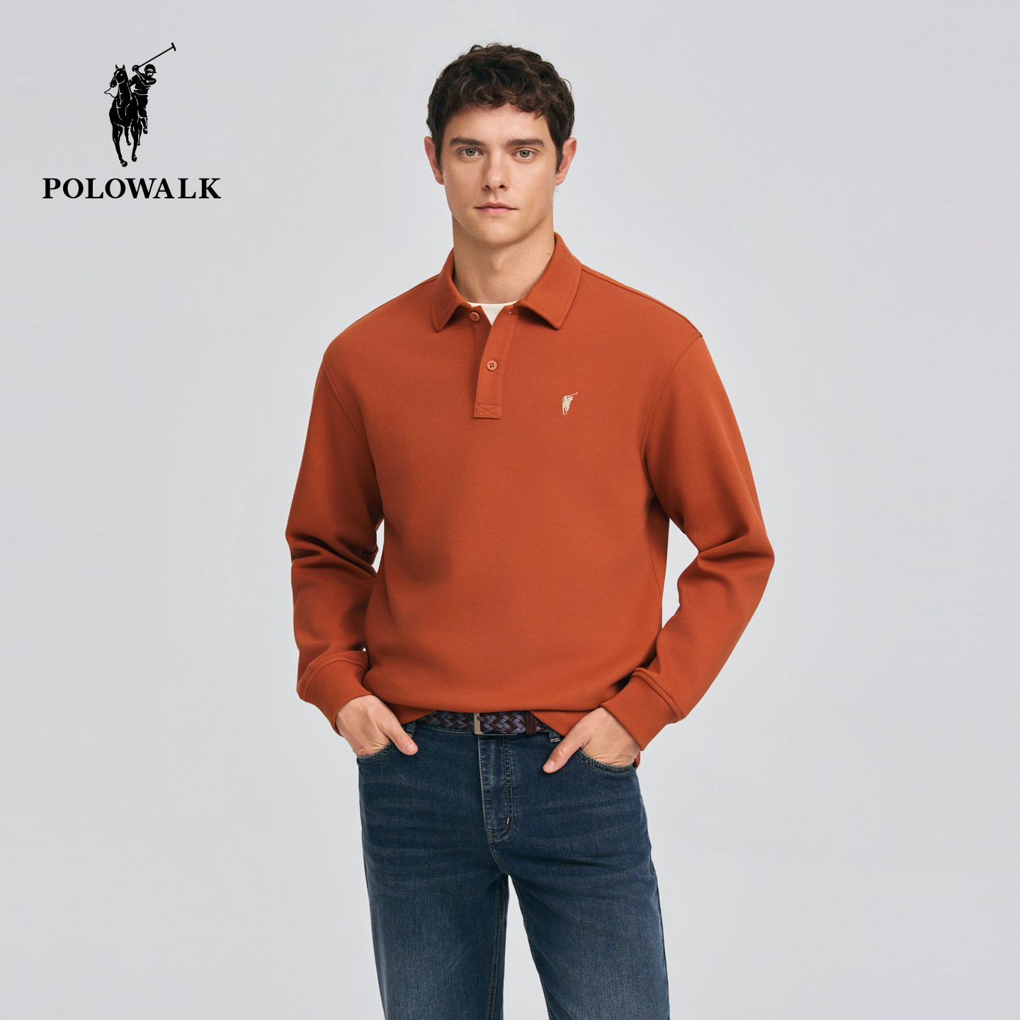 POLOWALK男式卫衣2026春季新品简约纯色翻领套头休闲通勤长袖卫衣