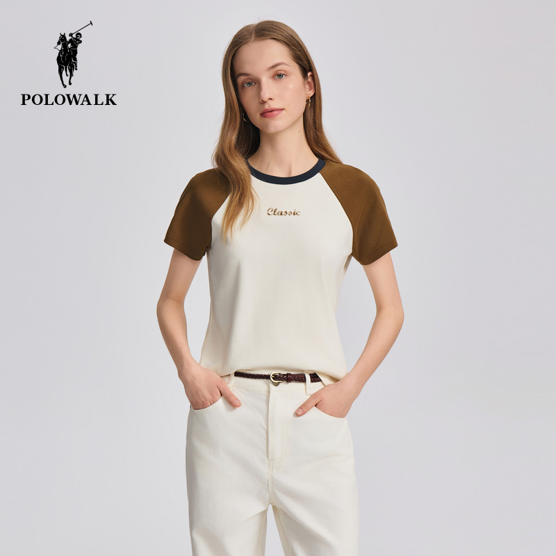 POLOWALK女式短袖圆领T恤夏季新品休闲撞色打底衫百搭上衣