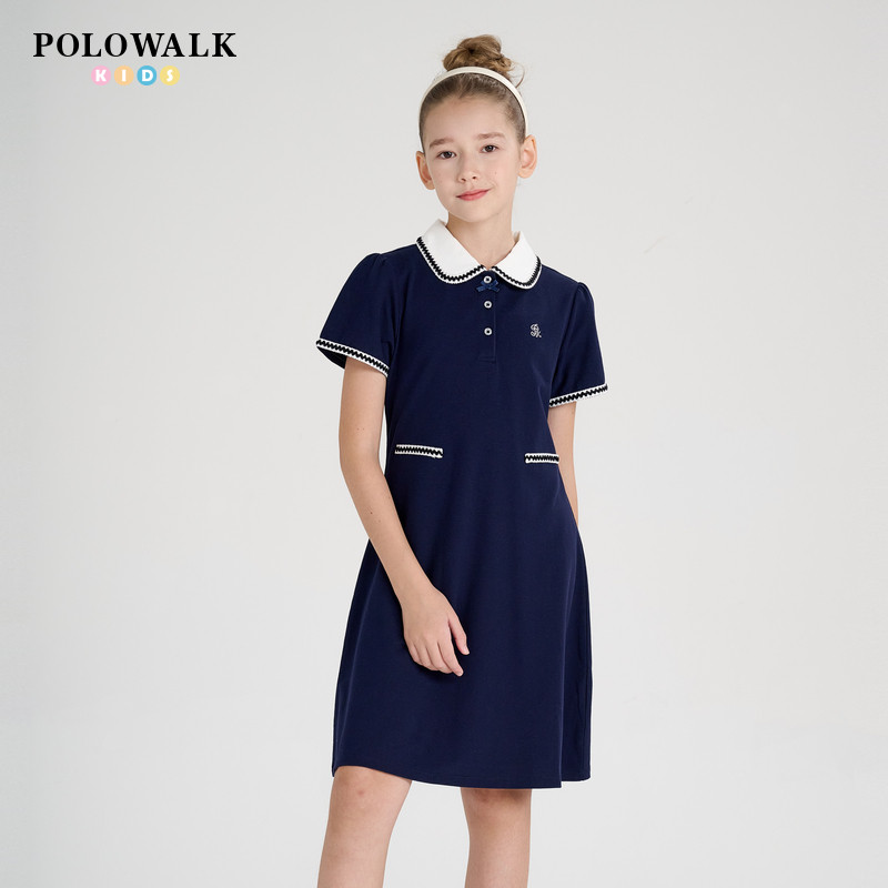 POLOWALK童装夏季女童短袖连衣裙polo领时尚甜美学院风大童