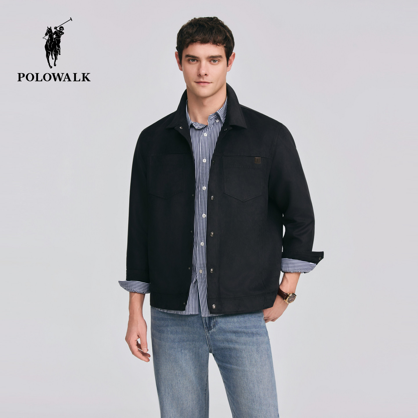 POLOWALK男式皮衣2026春季新品简约翻领夹克复古工装风皮衣外套