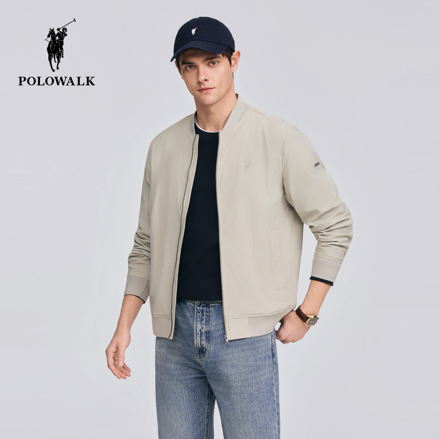 POLOWALK男式外套2026春季新品棒球领轻薄截短单色夹克拉链外套