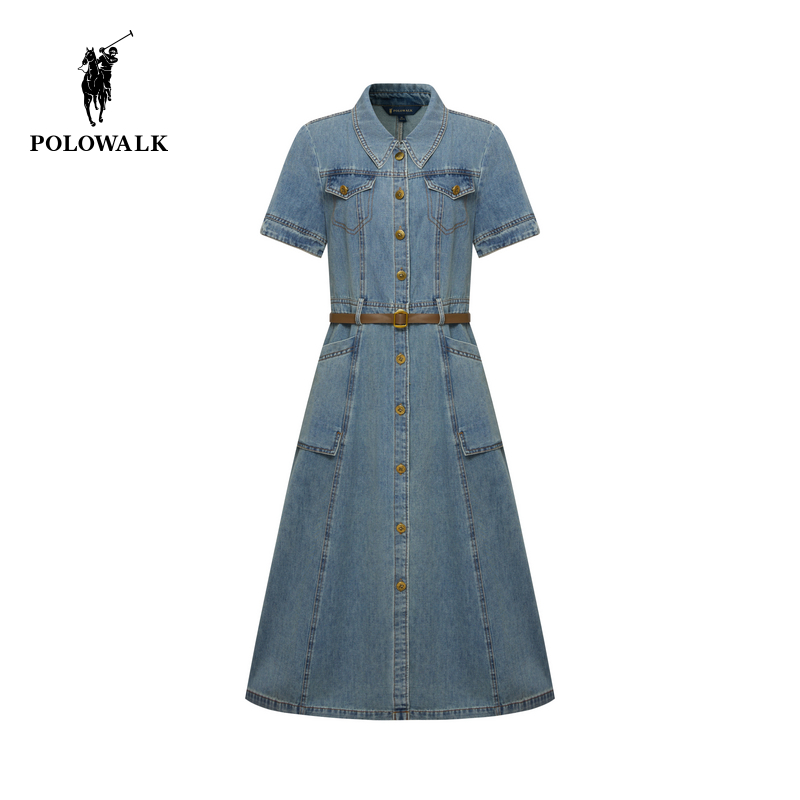POLOWALK短袖牛仔连衣裙女式2025夏季新品收腰过膝长裙翻