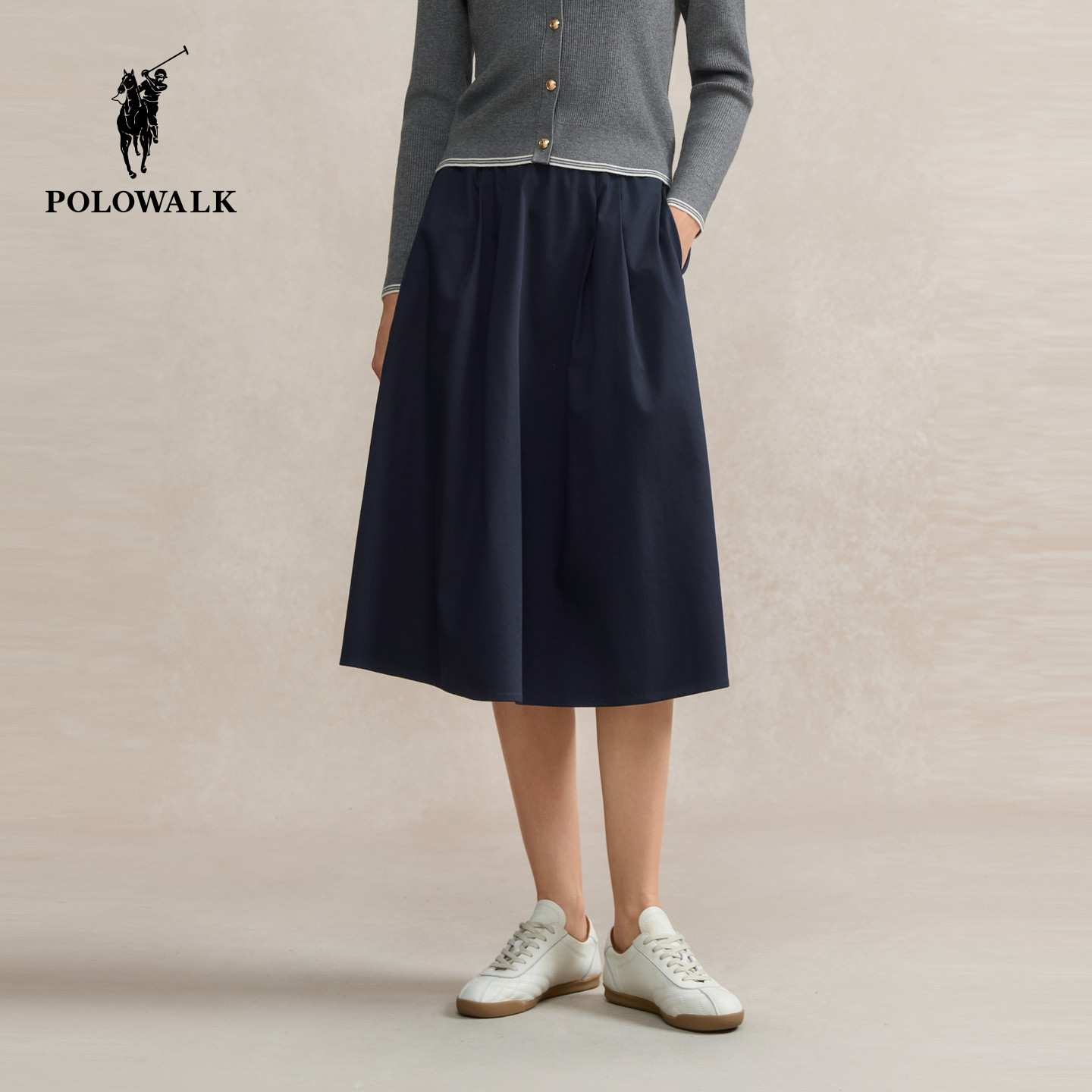 POLOWALK女式半裙2026春季裤新品女装松紧腰A字百褶显瘦半身裙子