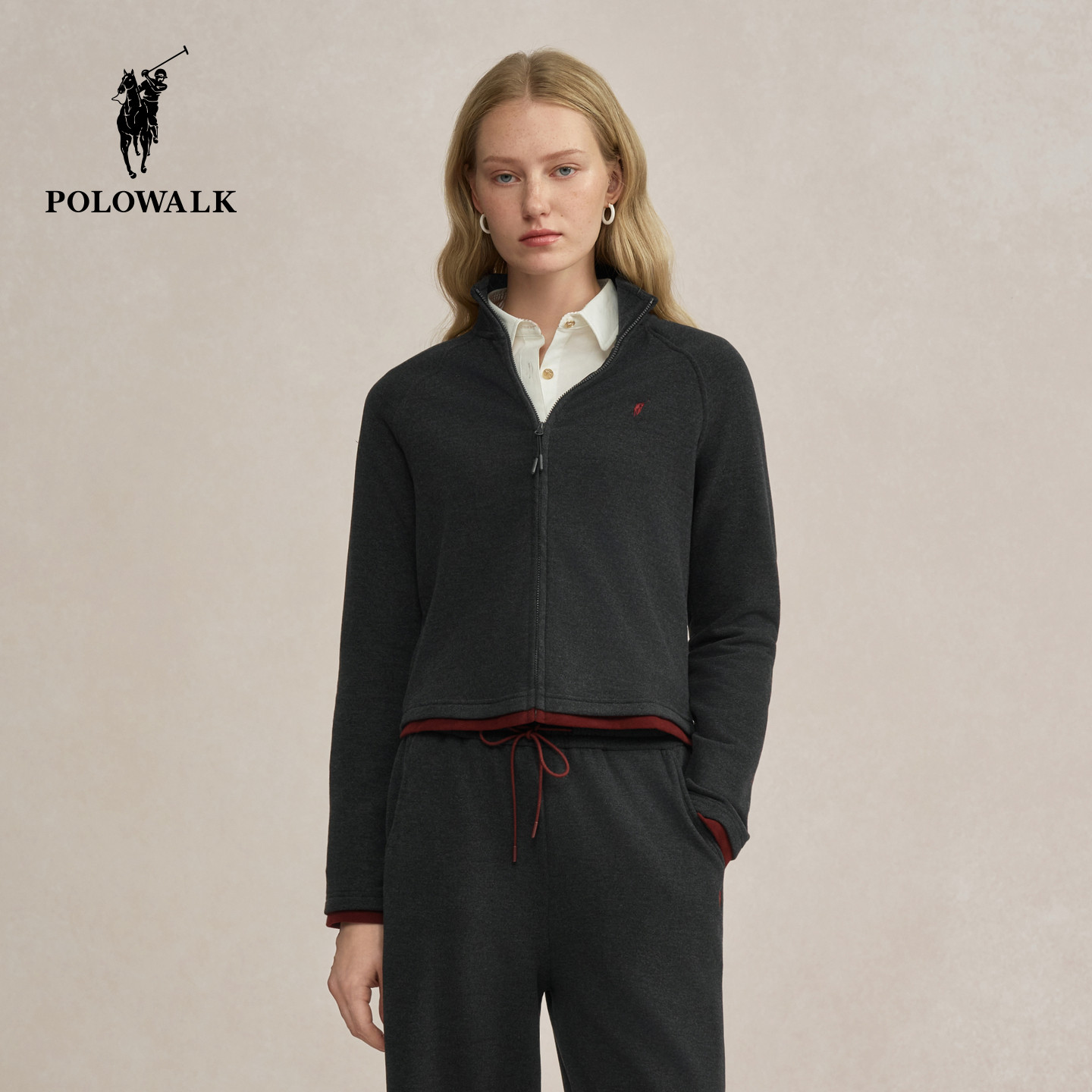 POLOWALK女式卫衣2025秋季新品简约修身显瘦立领通勤开衫