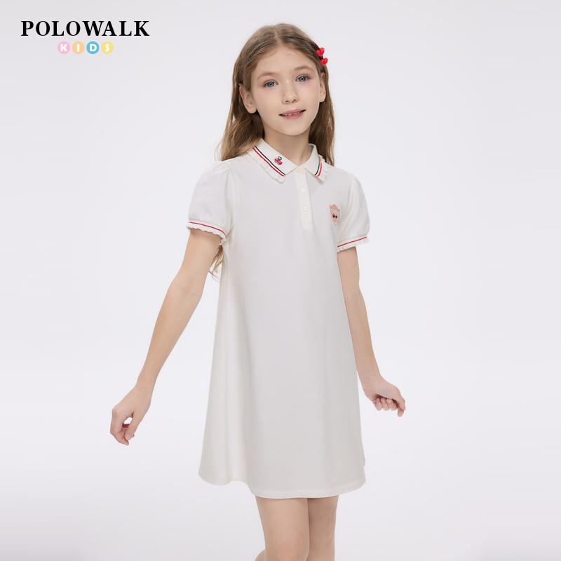 POLOWALK童装女童短袖连衣裙2025夏季新品POLO领精梳棉中大童长裙