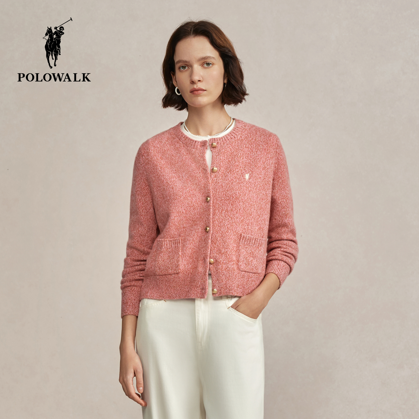 【100%绵羊毛】POLOWALK女式羊毛衫2025冬季新品简约圆领羊毛开衫