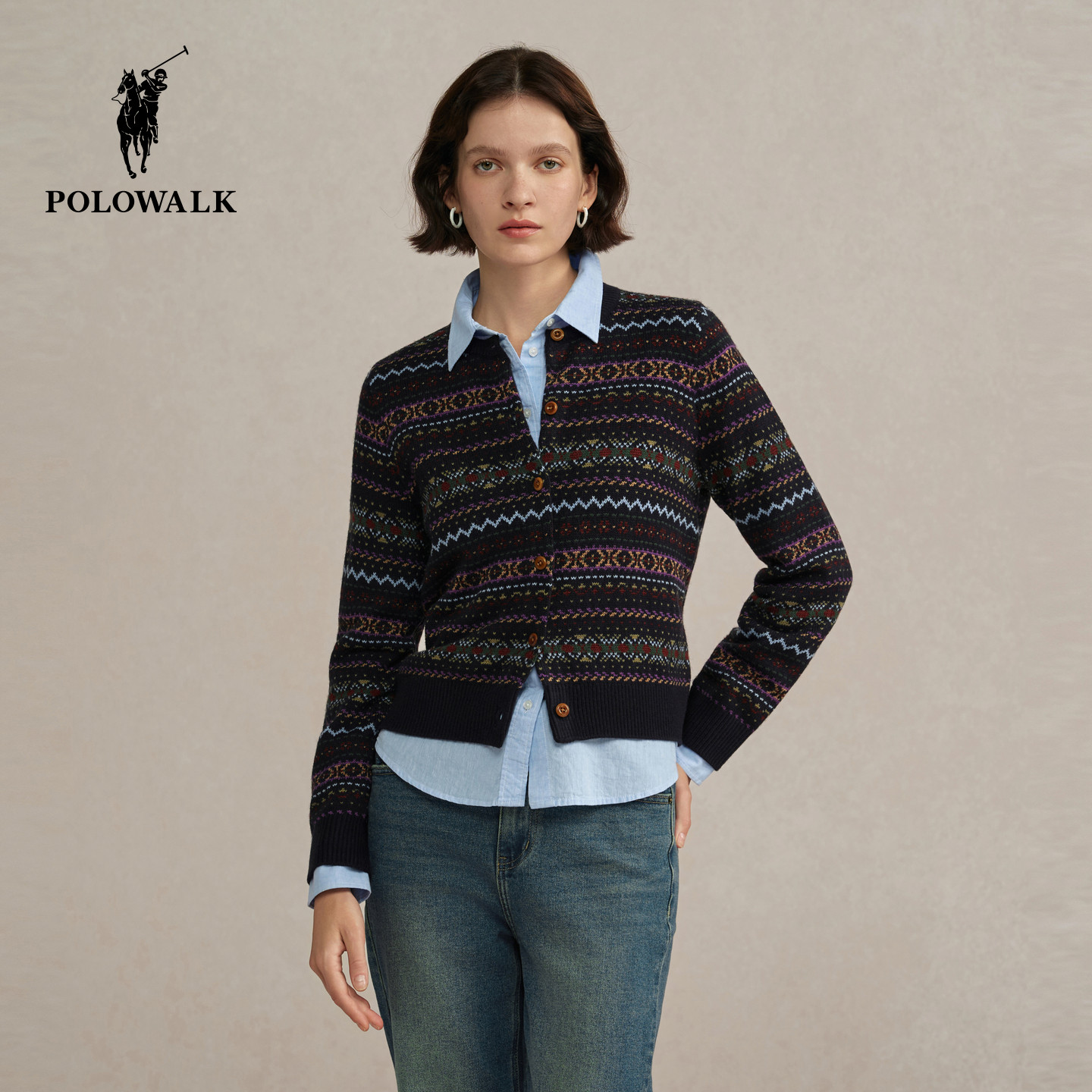 POLOWALK女式长袖针织衫2025秋季新品复古民族风提花圆领