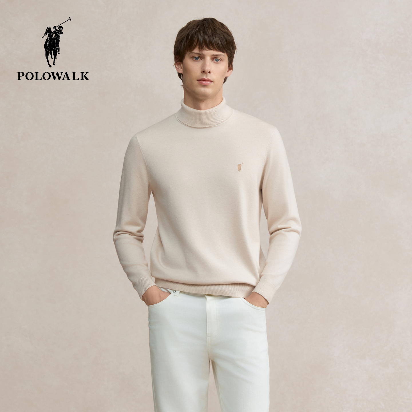 POLOWALK男式针织衫2025冬季新品时尚简约半高领保暖男装套头毛衣