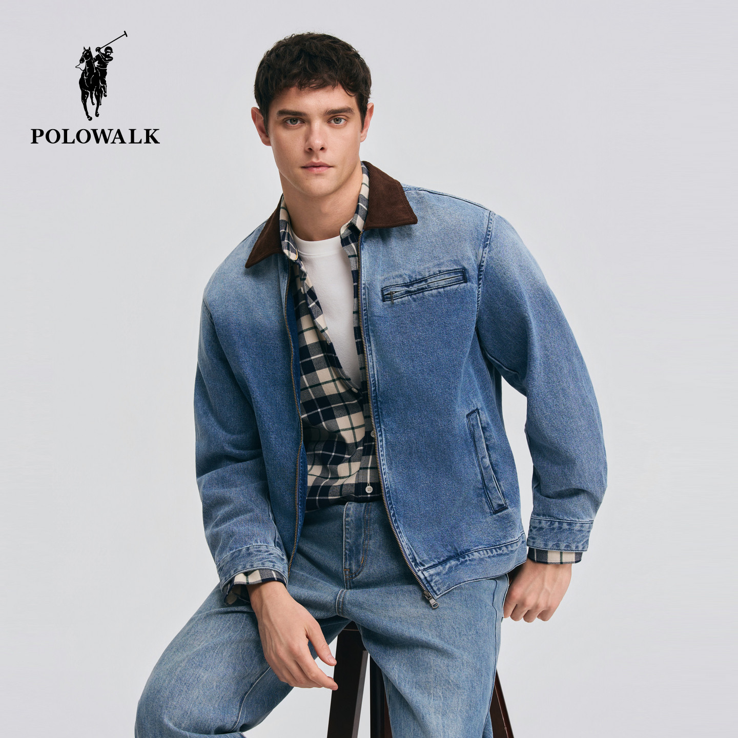 【100%棉】POLOWALK男式外套2026春季新品撞色翻领复古牛仔外套
