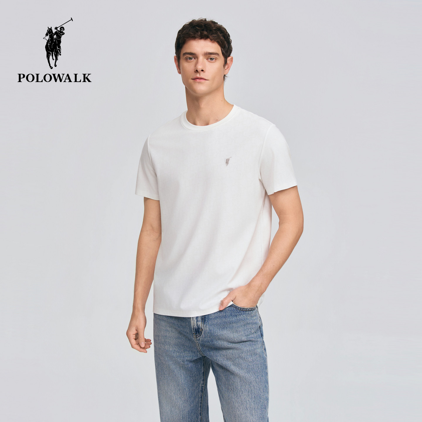 POLOWALK男式短袖T恤2026春季新品圆领时尚暗纹老花休闲短袖T恤,男装,T恤,淘宝优惠券,粉丝福利购,淘宝优惠卷