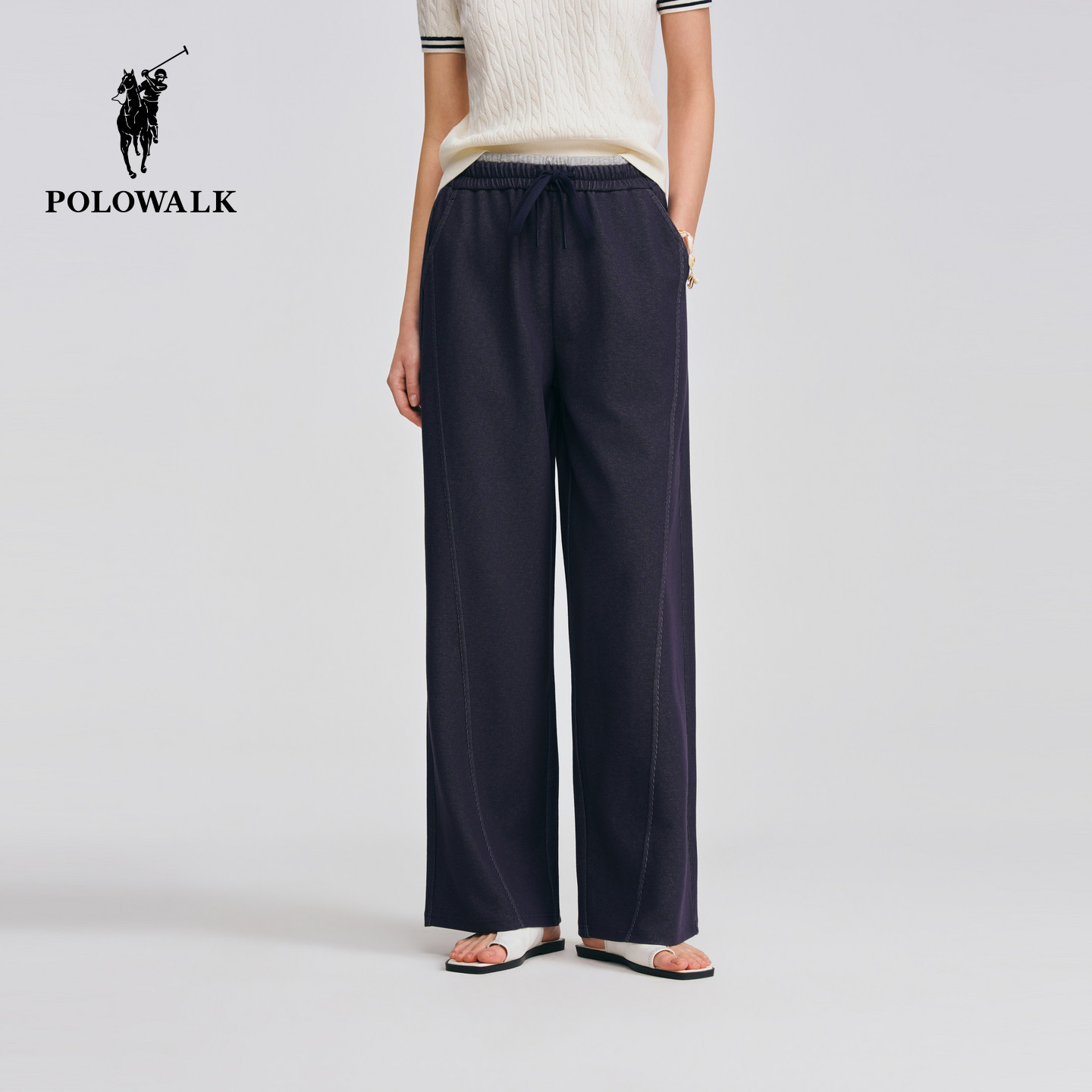 POLOWALK女式卫裤2026春夏裤新品设计感松紧腰抽绳直筒针织长裤