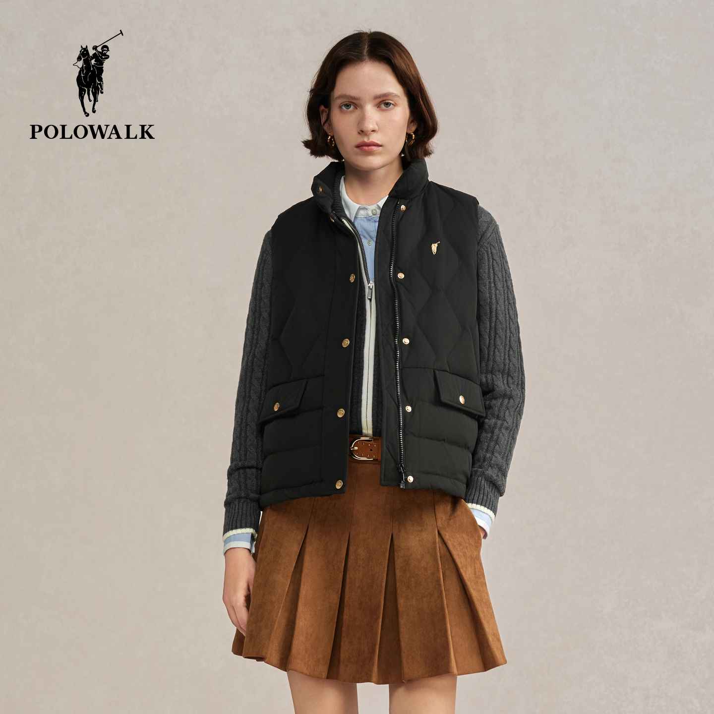 POLOWALK女式羽绒马夹2025冬季新品简约百搭90鸭绒显瘦立领背心女