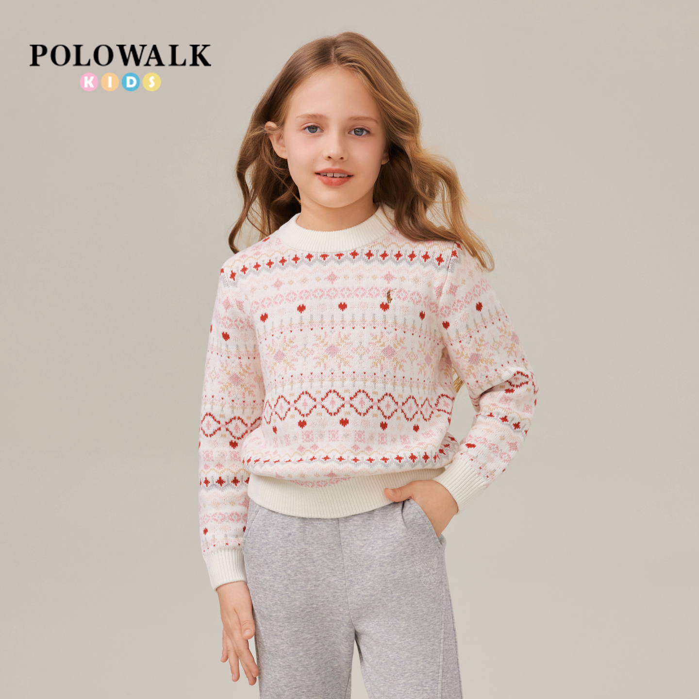 POLOWALK童装女童针织衫2025新品时尚针织绞花圆领套头内搭毛衣