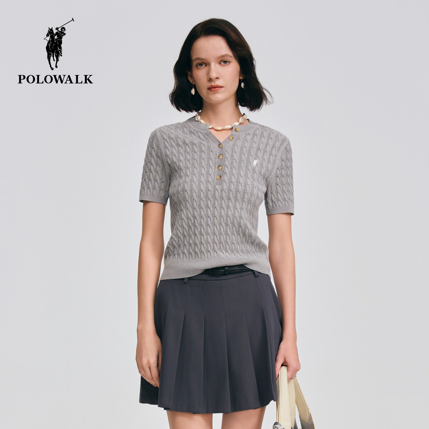 POLOWALK女式短袖针织衫2026春季新品圆v领绞花肌理感套头上衣