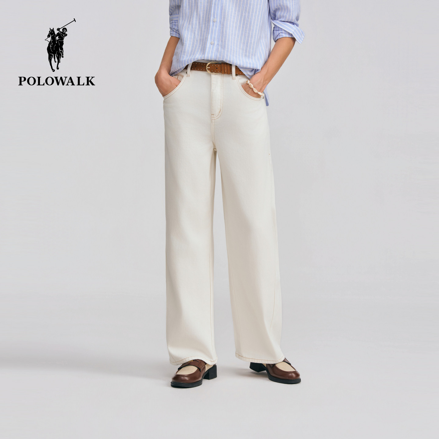 POLOWALK女式牛仔裤2026春夏裤新品经典直筒百搭通勤白色牛仔长裤