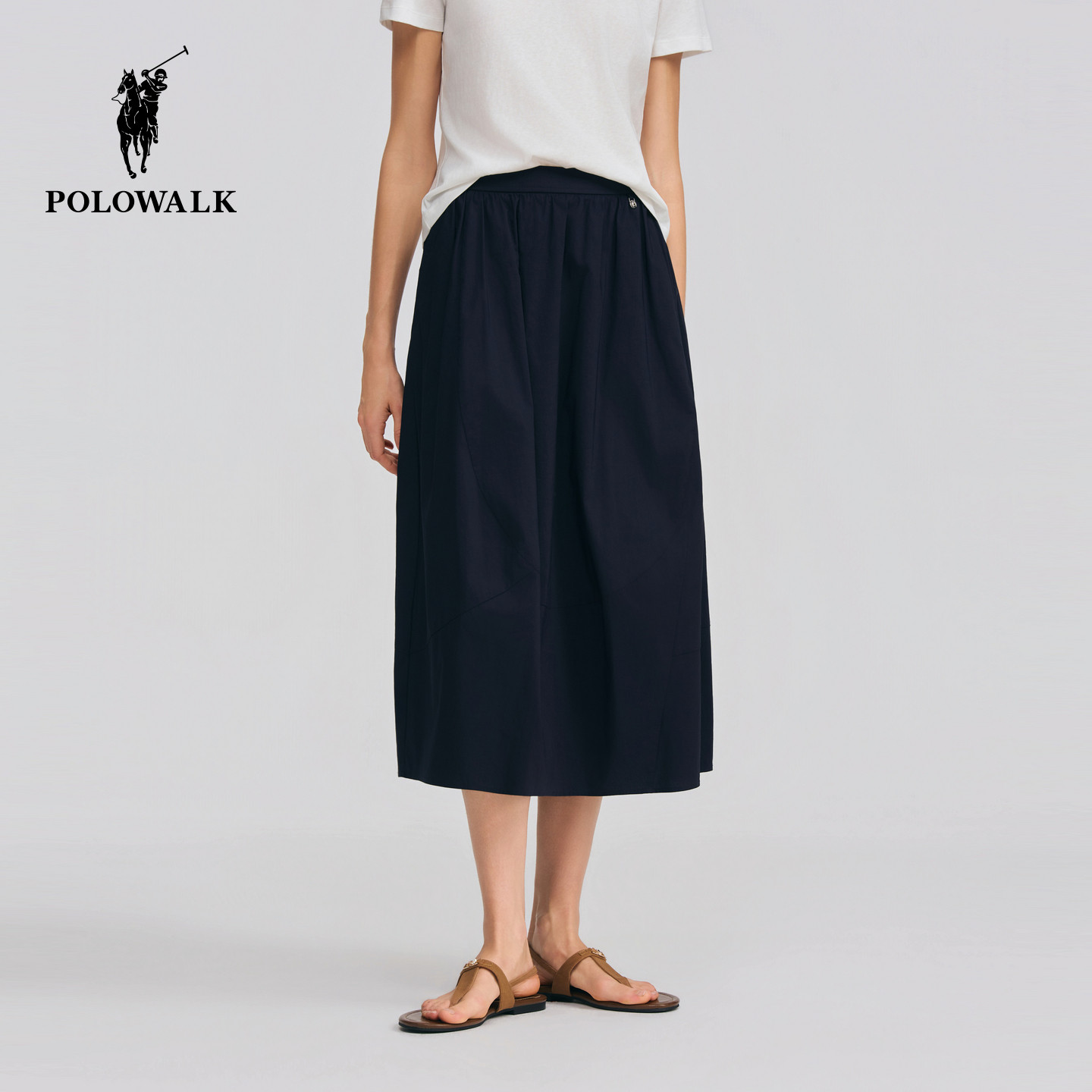 POLOWALK女式半裙2026春夏裤新品简约纯色松紧腰A字中长款半身裙