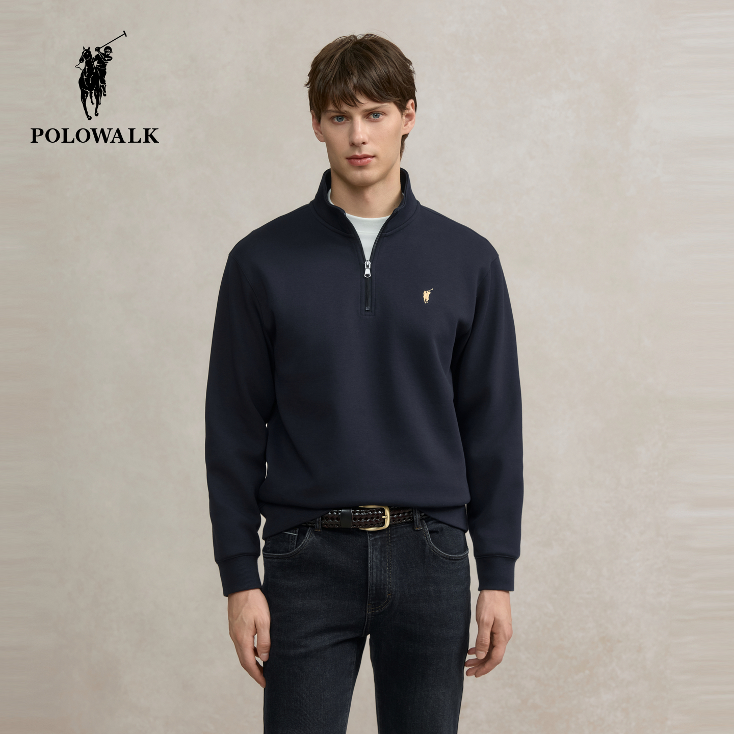 POLOWALK男式卫衣2025秋季新品简约休闲通勤立领半拉链套头上衣男