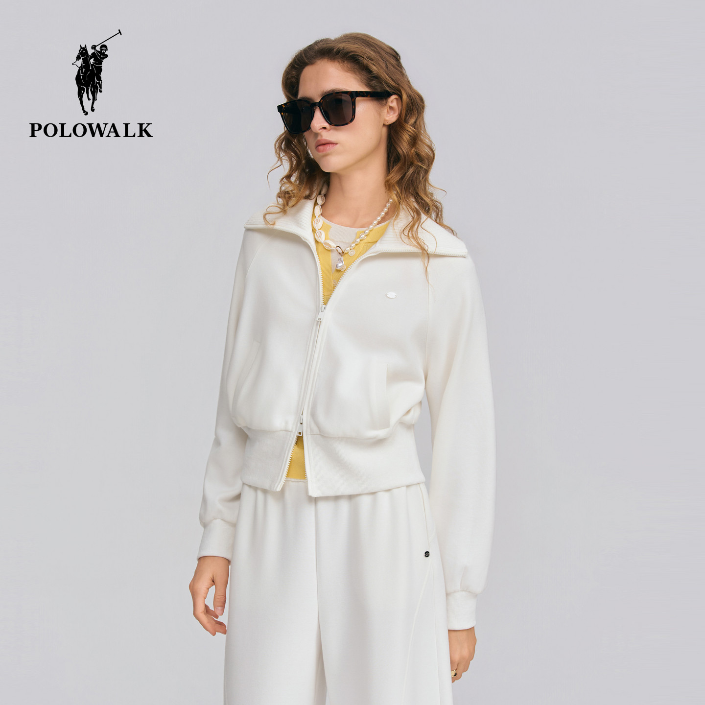 【套装】POLOWALK女式卫衣2026春季新品纯色拉链卫衣直筒针织裤