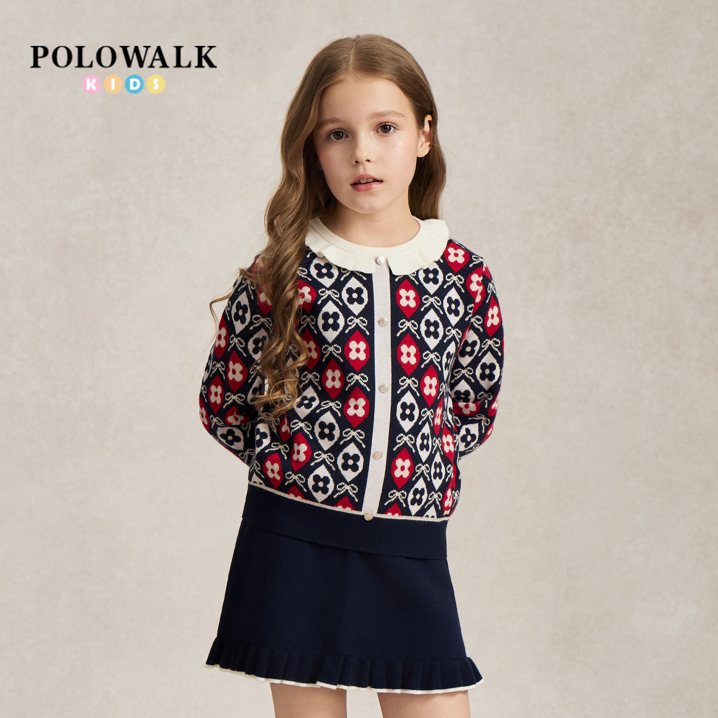 POLOWALK女童套装秋季新品针织长袖撞色提花儿童花边领短裙两件套