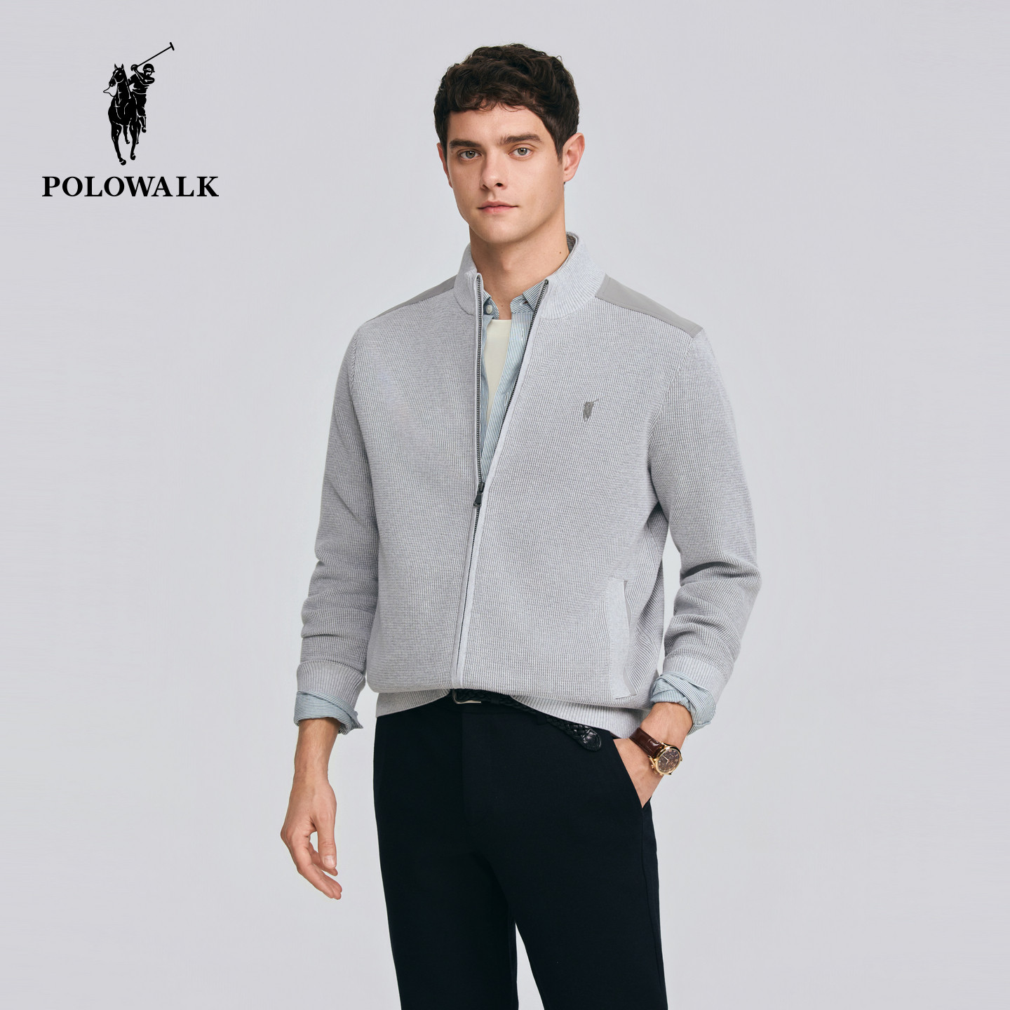 POLOWALK男式针织衫2026春季新品经典立领细坑条拼接拉链针织开衫