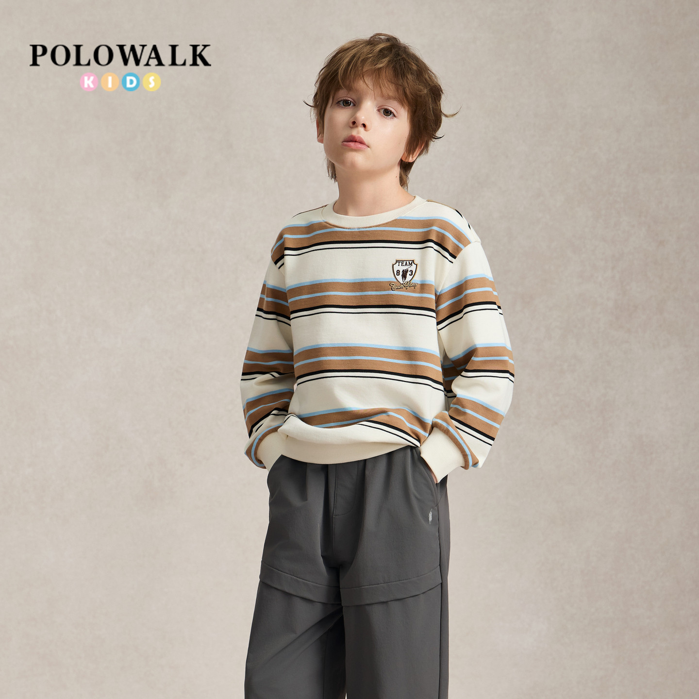 POLOWALK童装男童卫衣2026秋季新品圆领条纹套头罗纹领撞色上衣