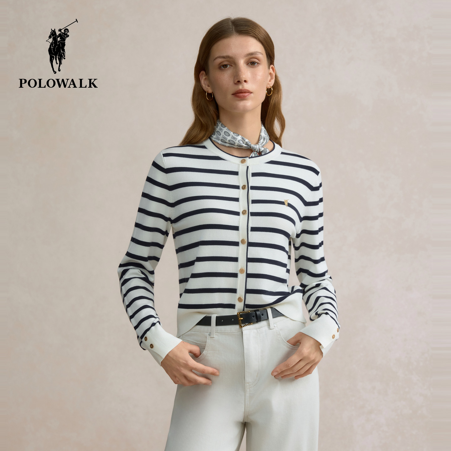 POLOWALK女士毛衣外套秋冬简约条纹通勤时尚针织开衫百搭针织衫女