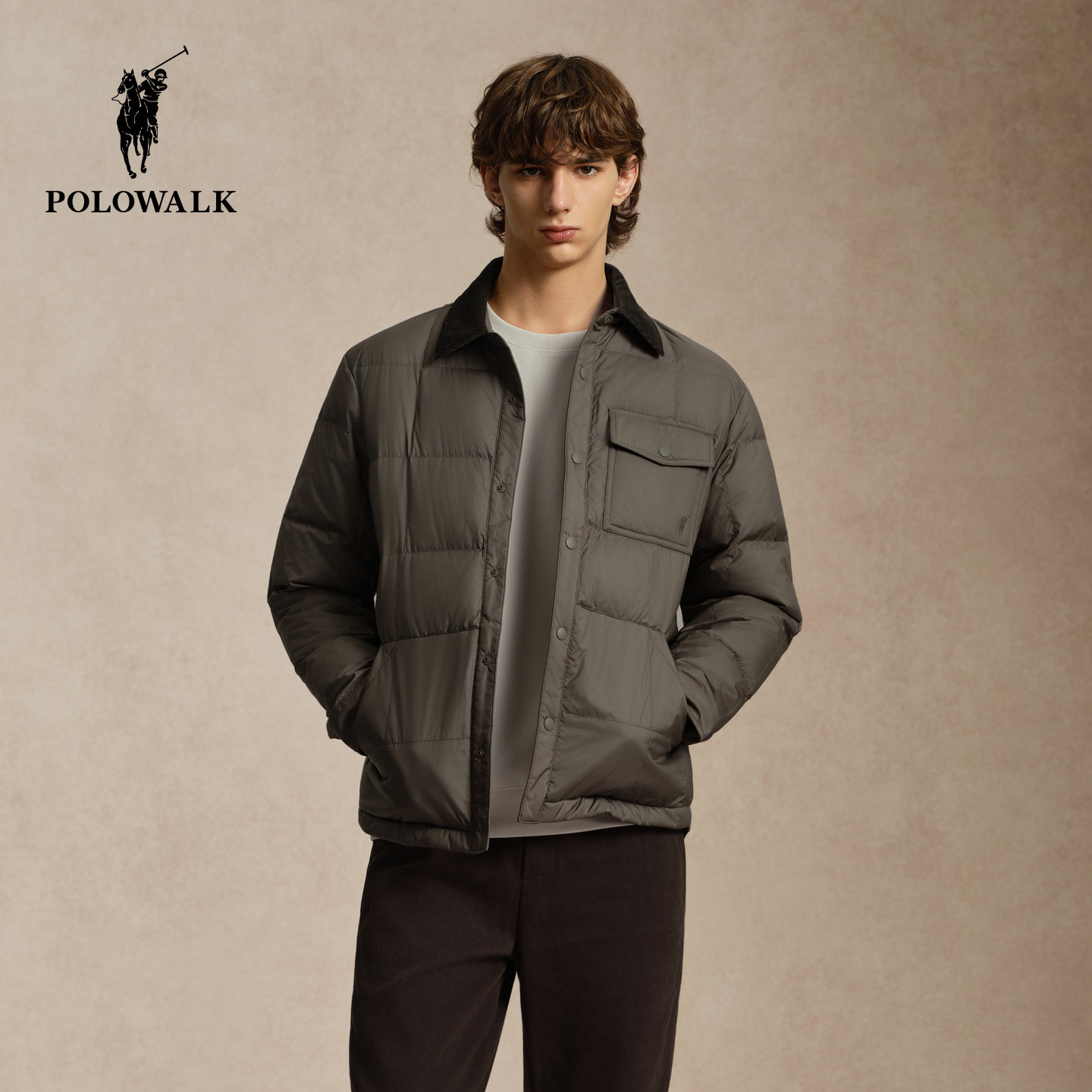 【90鸭绒】POLOWALK男式羽绒服2026冬季新品撞色翻领轻薄拉链外套