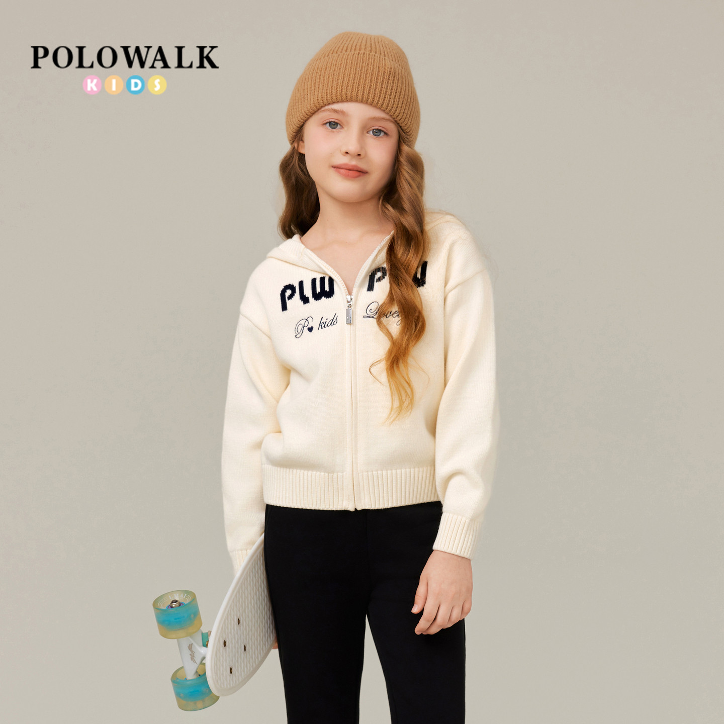POLOWALK童装女童针织衫2025秋季新品时尚字母刺绣连帽拉链外套
