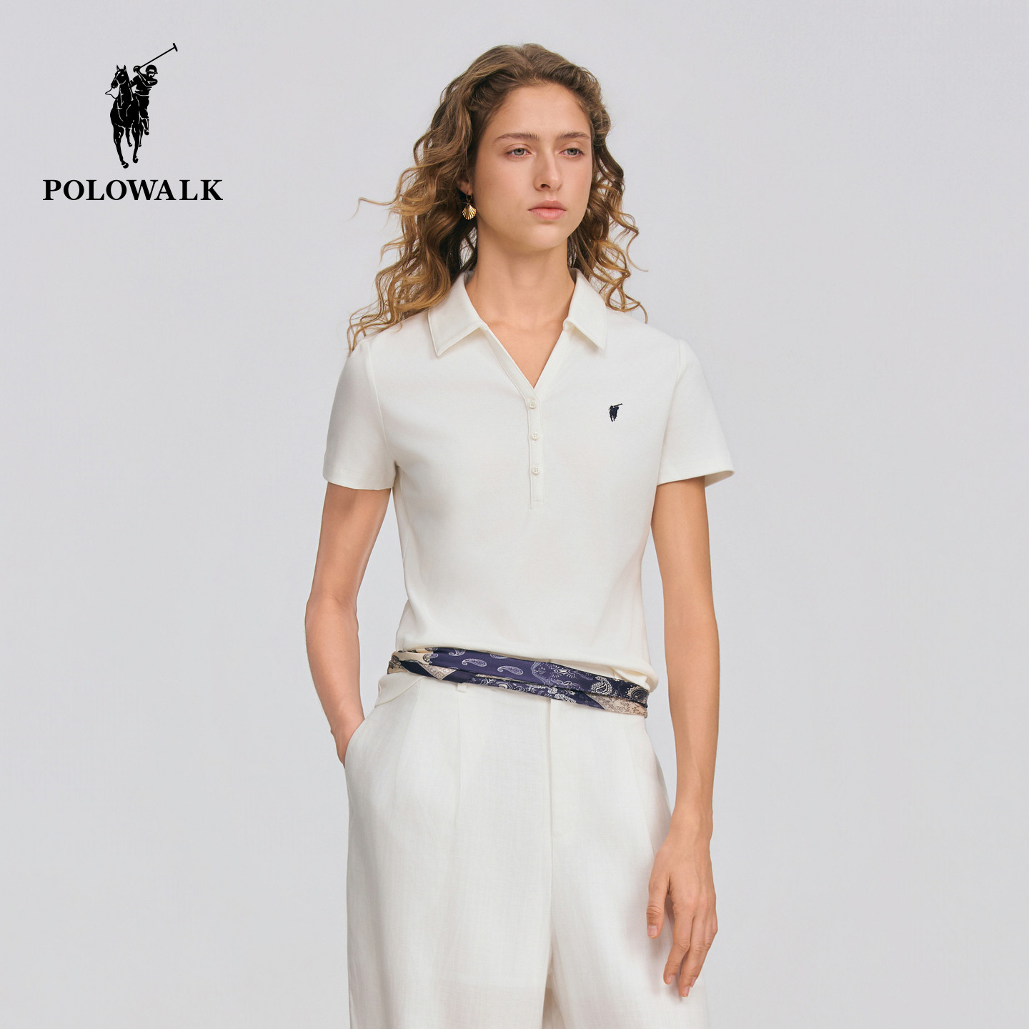POLOWALK女式短袖2026夏季新品剪刀领简约纯色通勤百搭短袖T恤