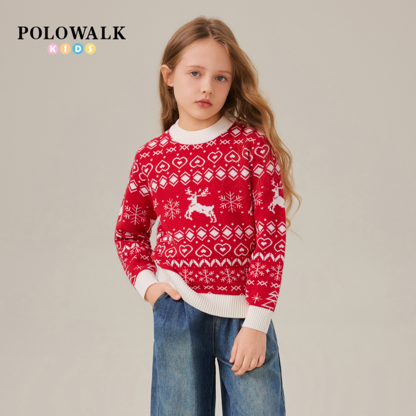 POLOWALK童装女童针织衫2025秋冬新品时尚提花圆领套头针织毛衣