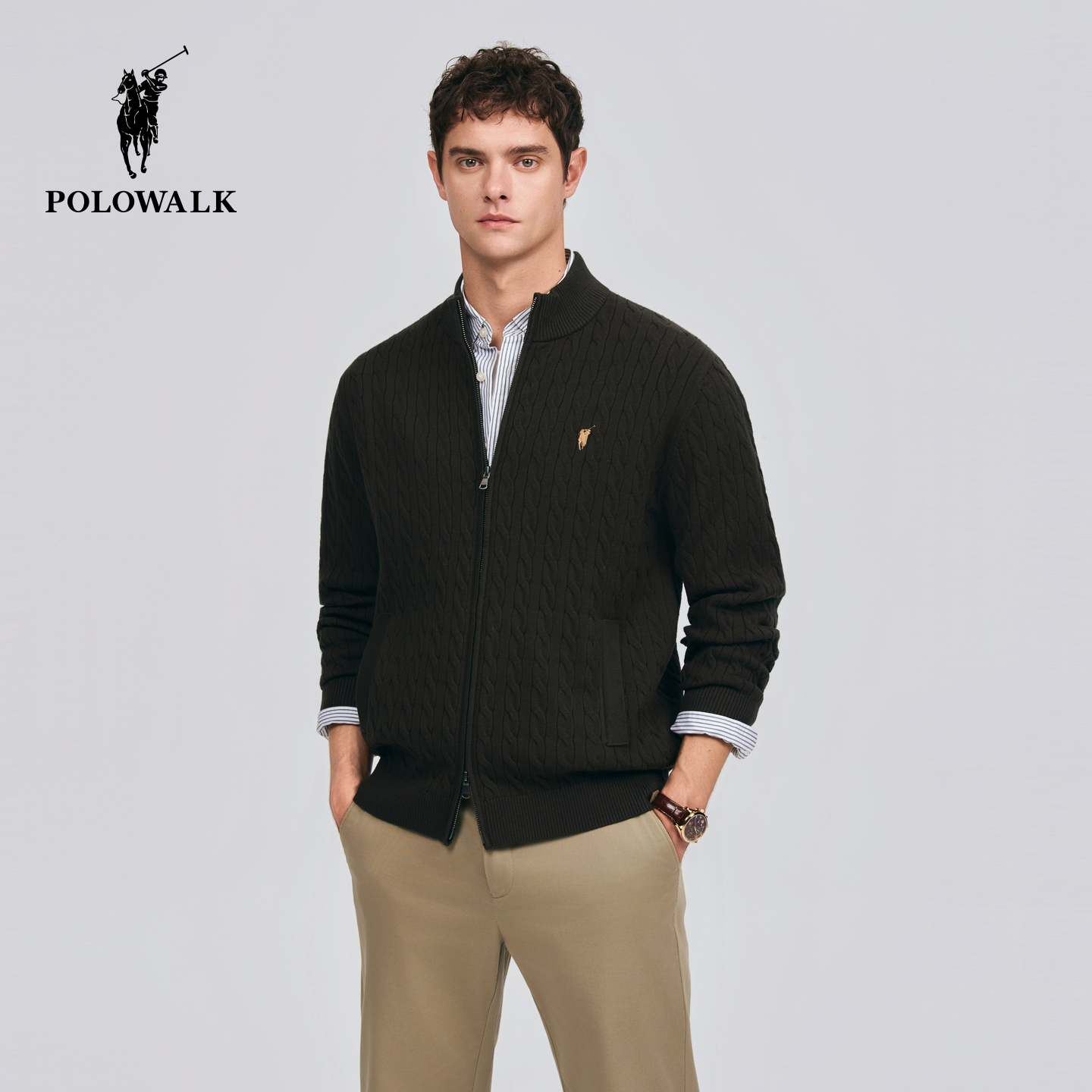 POLOWALK男式针织衫2026春季新品百搭显瘦绞花半高领男装针织开衫