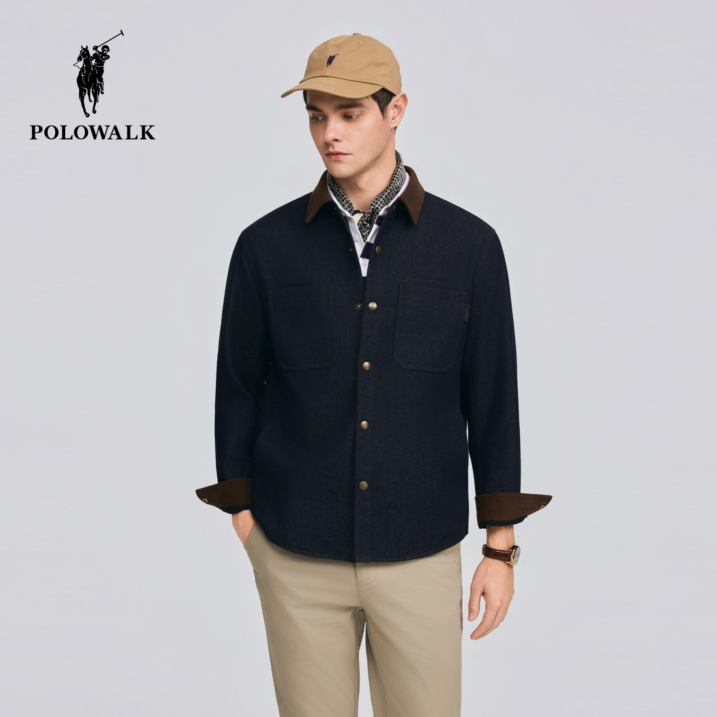 POLOWALK男式牛仔外套2026春季新品撞色翻领复古美式休闲牛仔外套