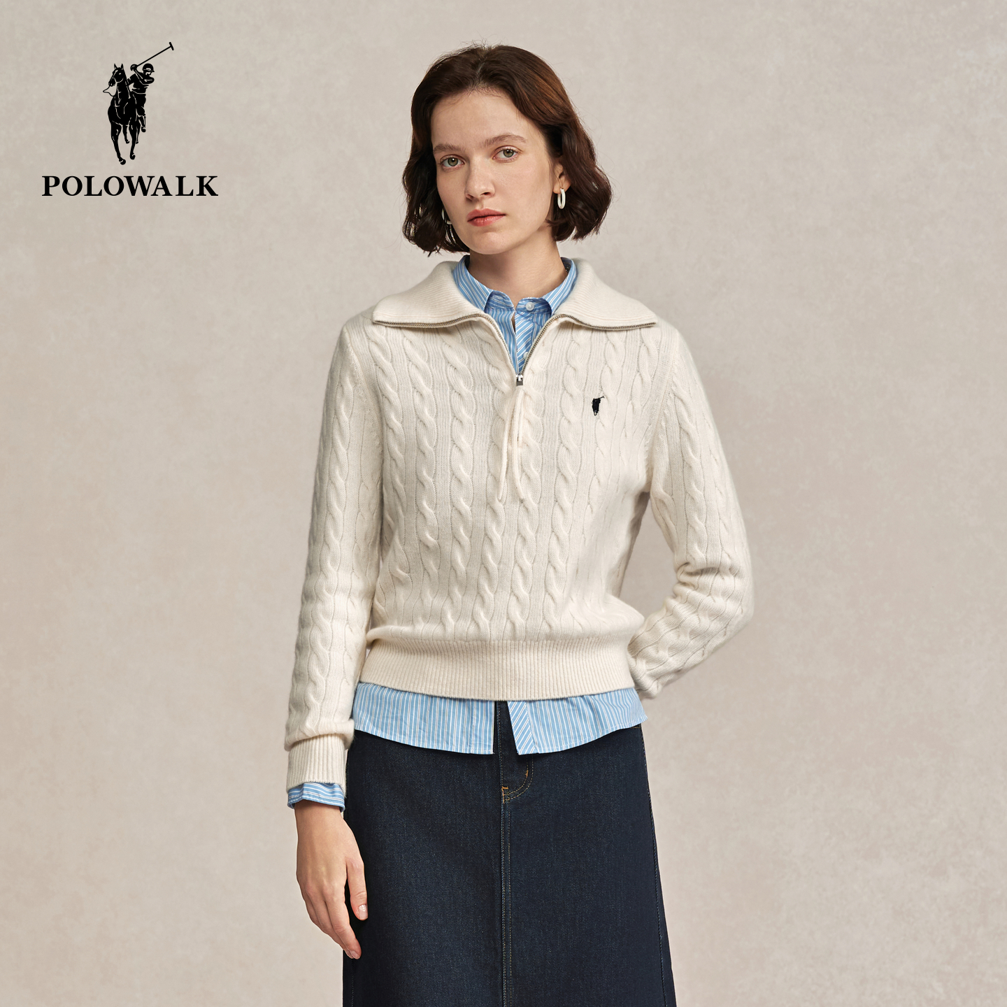 【100%绵羊毛】POLOWALK女式羊毛衫2025冬季新品翻领绞花套头上衣