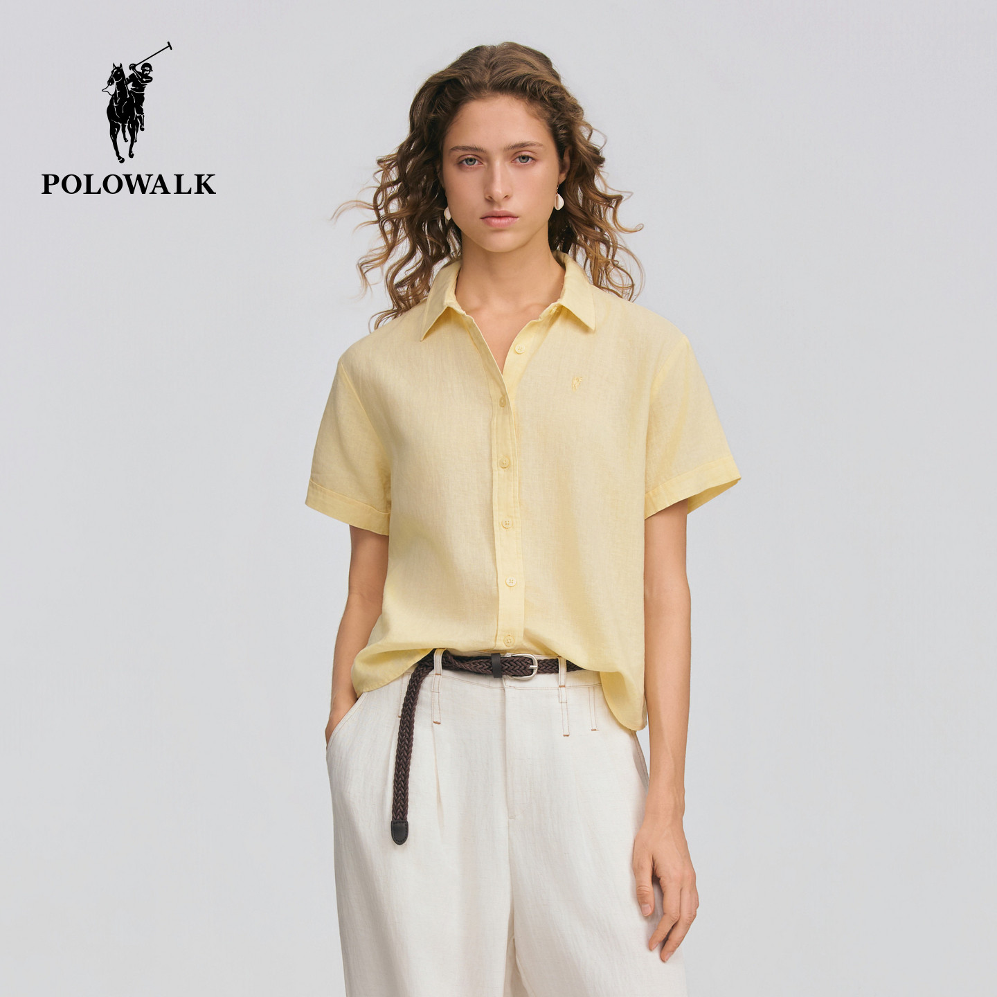 POLOWALK女式短袖衬衫2026夏季新品翻领休闲通勤百搭短袖衬衫上衣
