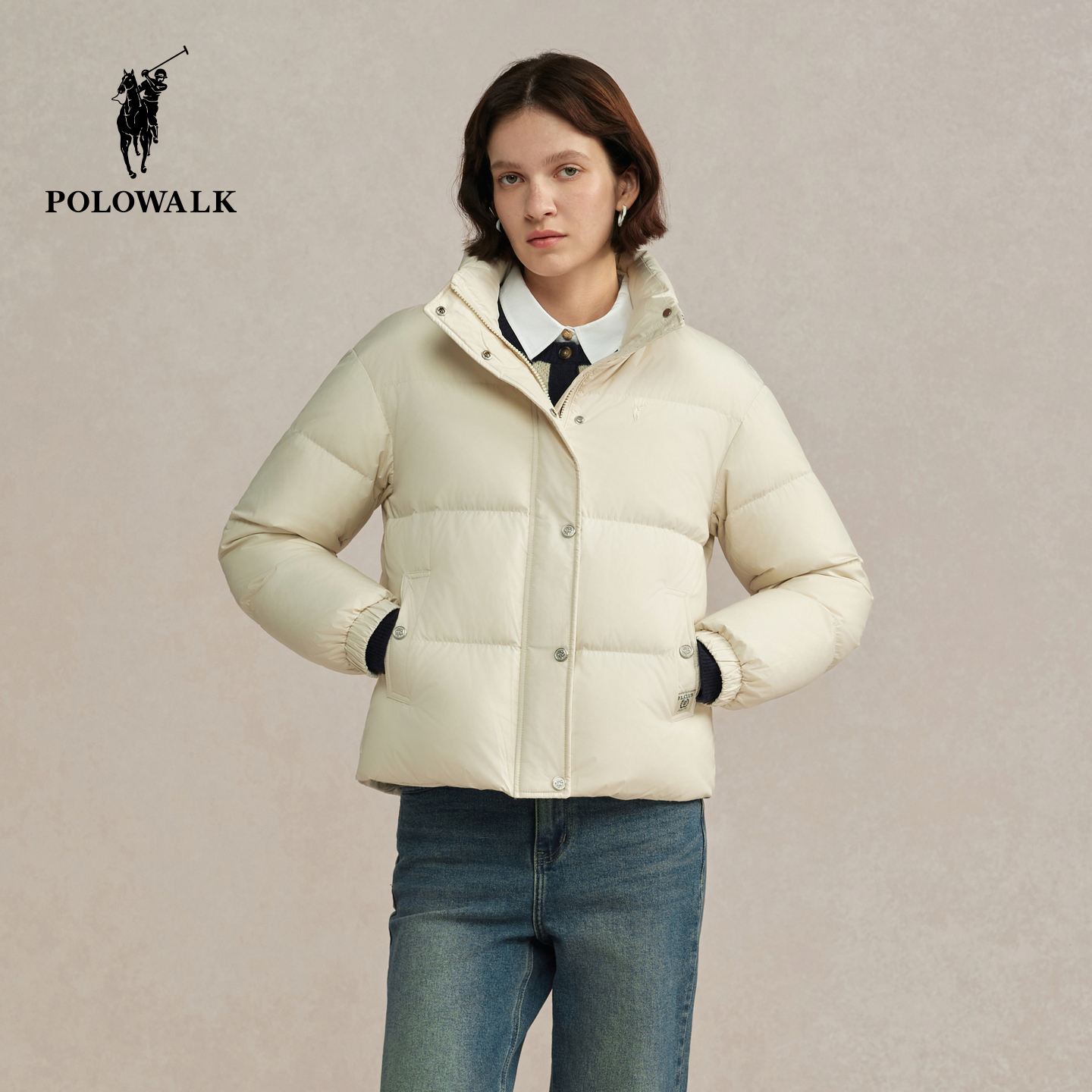POLOWALK女式短款羽绒服2025冬季新品90鸭绒立领休闲保暖羽绒外套