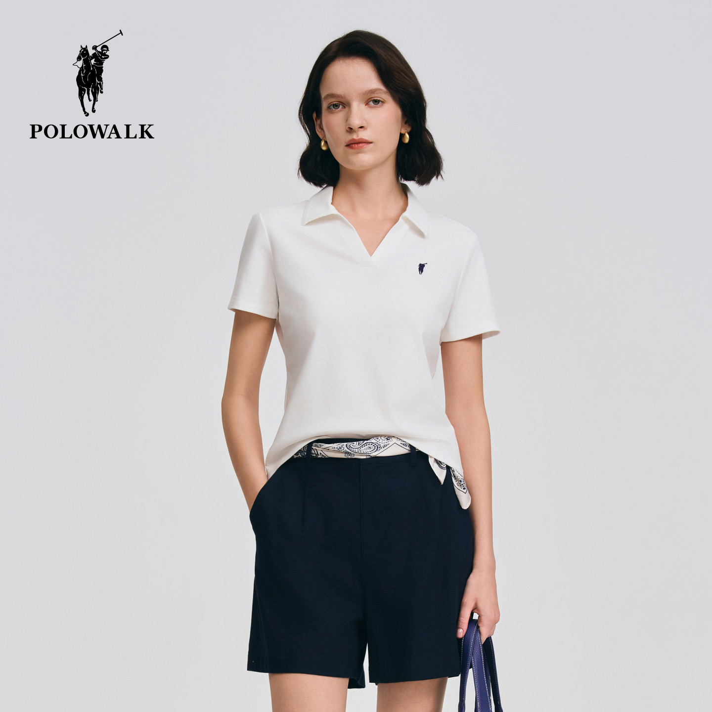 POLOWALK女式短袖2026夏季新品简约纯色剪刀领百搭休闲短袖POLO衫