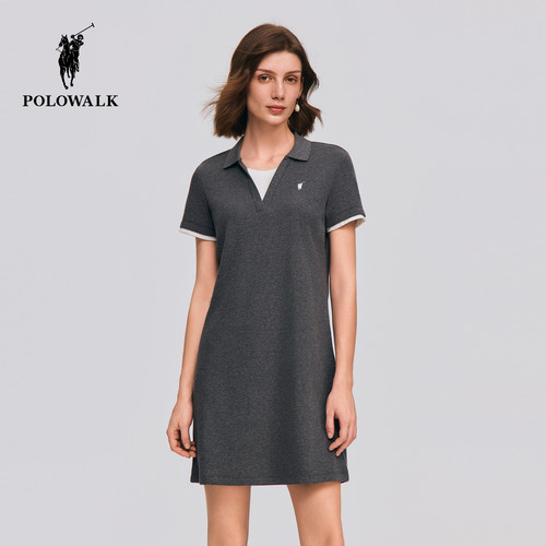 POLOWALK女式短袖连衣裙2026夏季新品潮流双层领H型裙显瘦针织裙