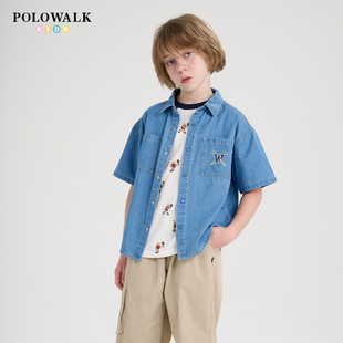 POLOWALK童装夏季男童短袖牛仔衬衫宽松翻领上衣