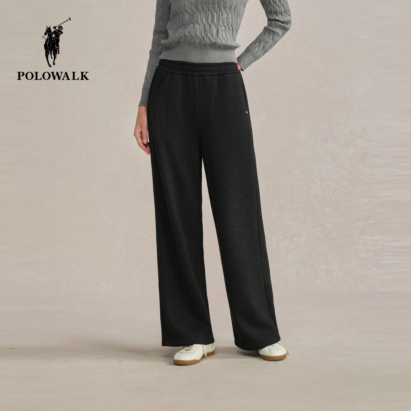 POLOWALK女式针织裤2025秋冬裤新品百搭松紧腰直筒加绒阔腿长裤子